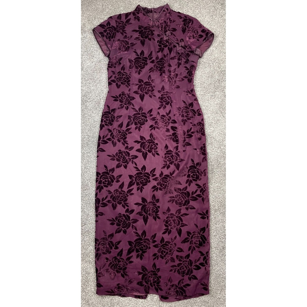 Robbie Bee Plum Purple Floral Velvet-Print Cheongsam Dress
